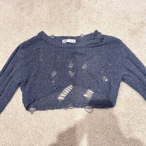 Zara Navy Distressed Knit Sweater